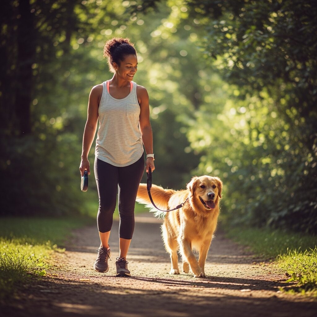 Woman walking dog on forest path.