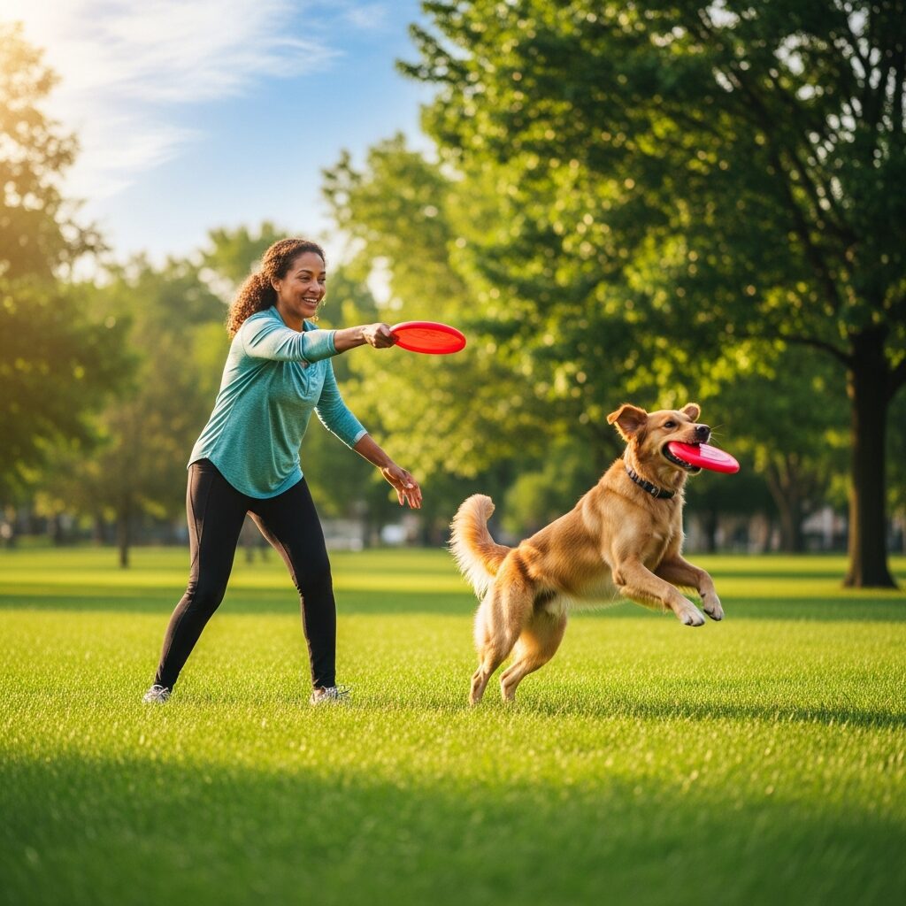 Woman playing frisbee with dog in park.