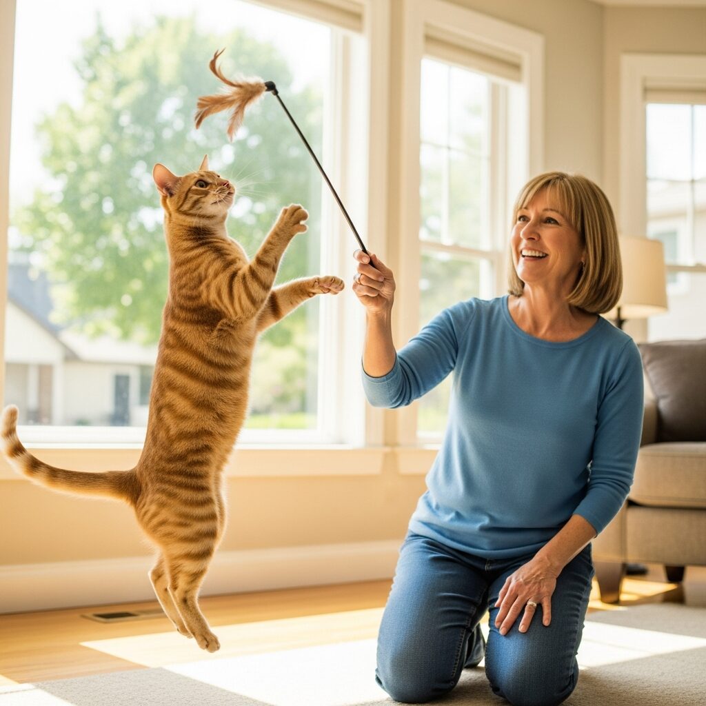 Woman playing with jumping cat in sunlight.