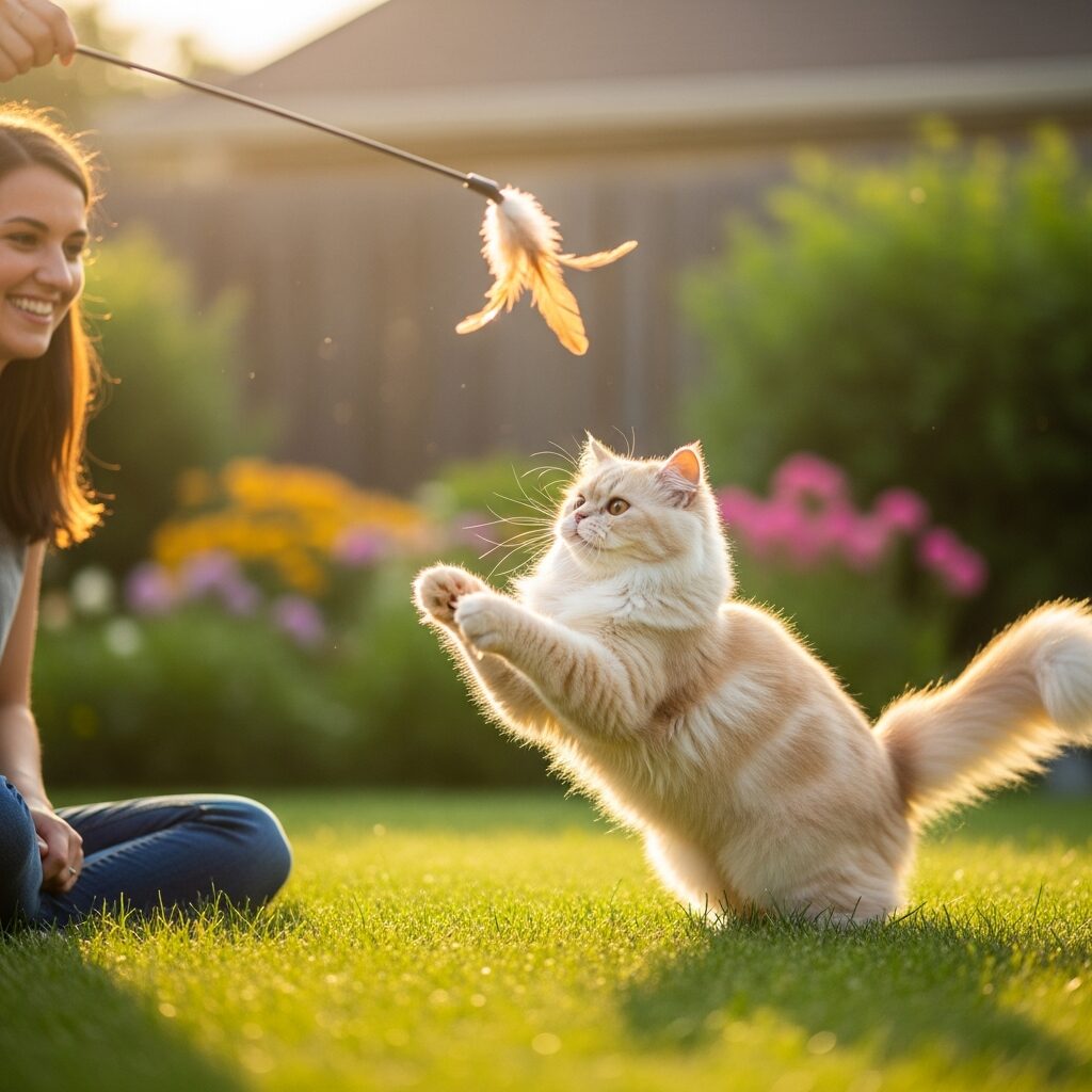 Woman playing with cat in sunny garden.