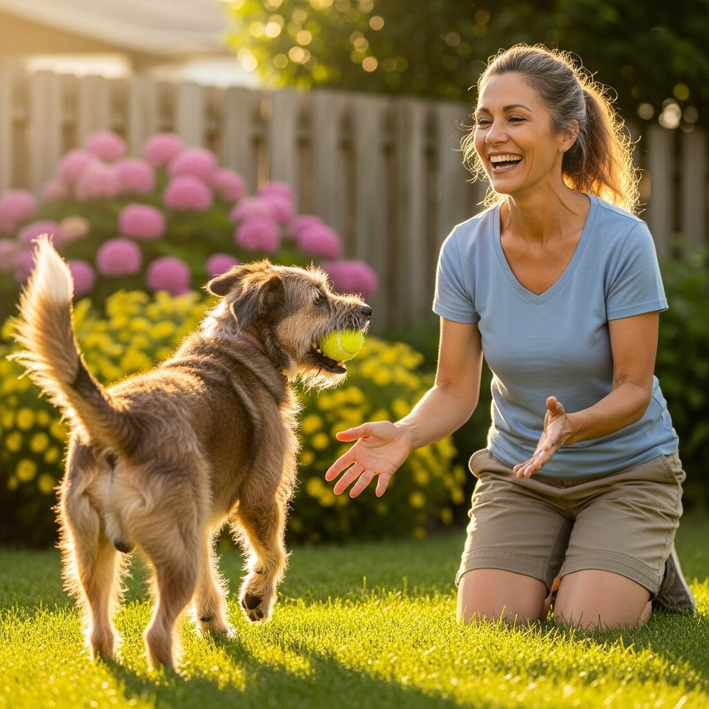 Woman playing fetch with her dog.