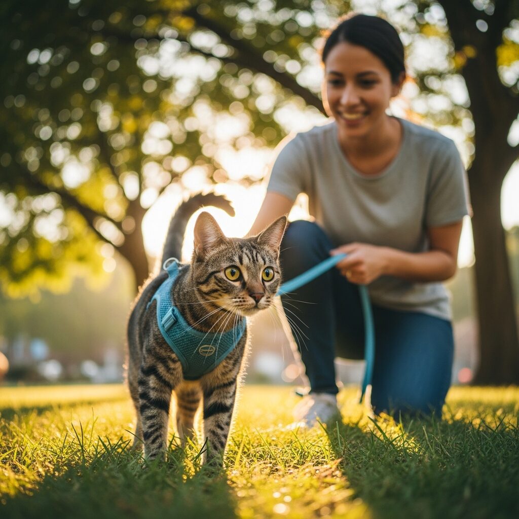 Woman walking cat on a leash outdoors.