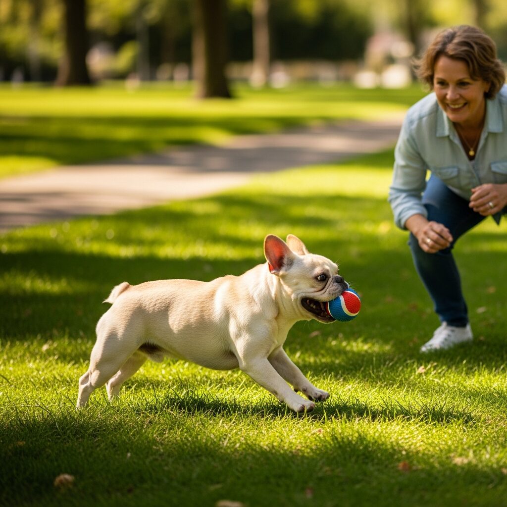 Dog playing fetch with woman in park.