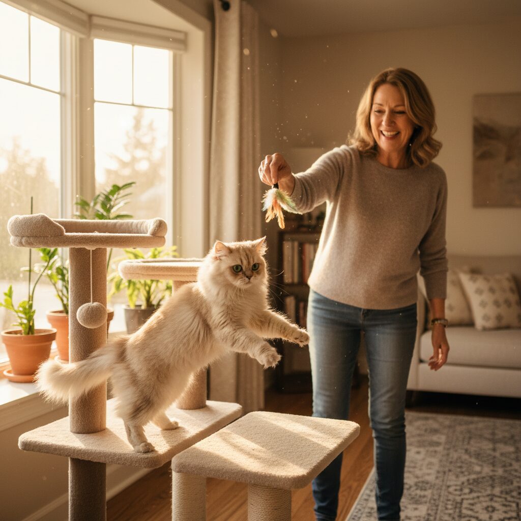 Woman playing with cat on cat tree.