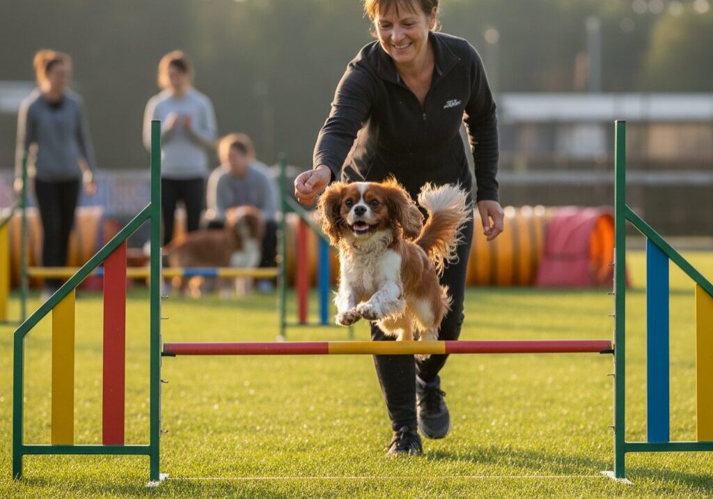 Dog jumping over hurdle in agility course.