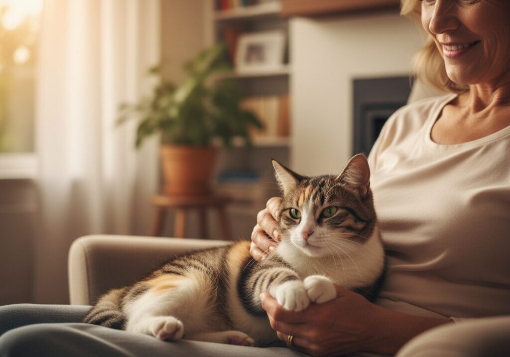 Woman smiling, holding a cat indoors.