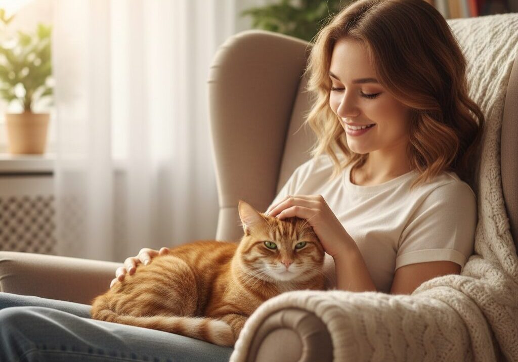 Woman smiling with cat on her lap.