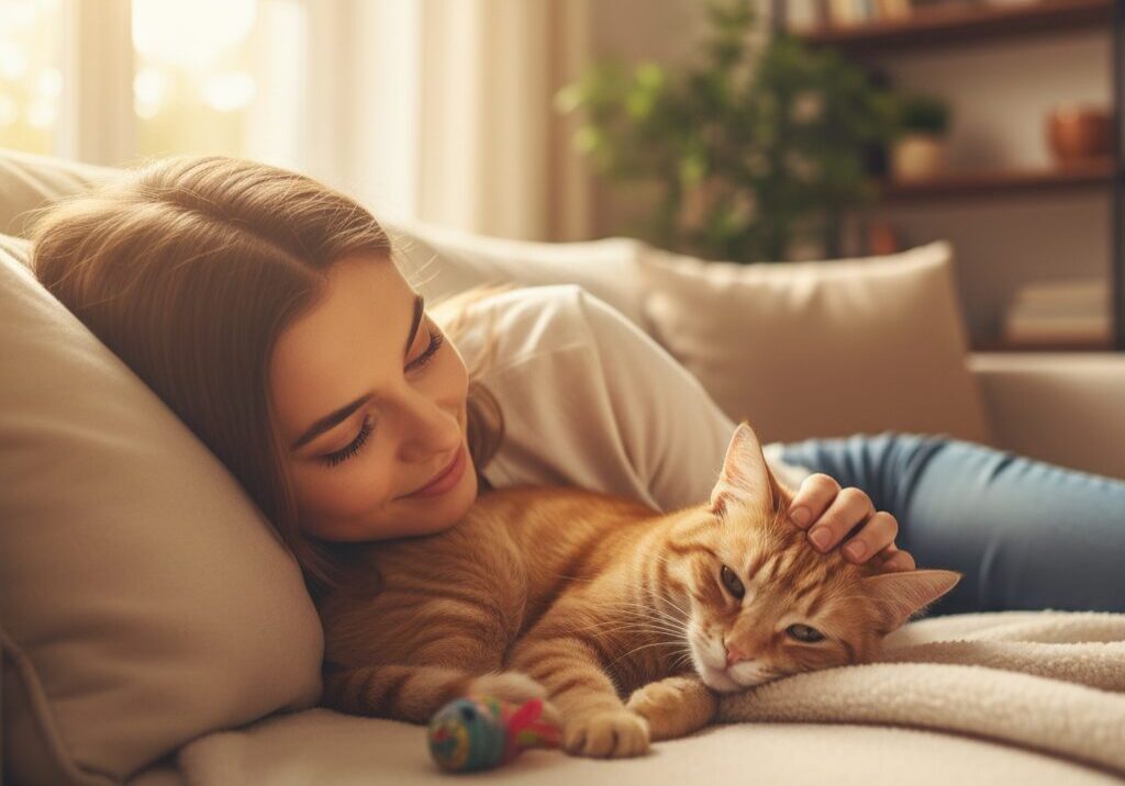Woman cuddling cat on a cozy couch.