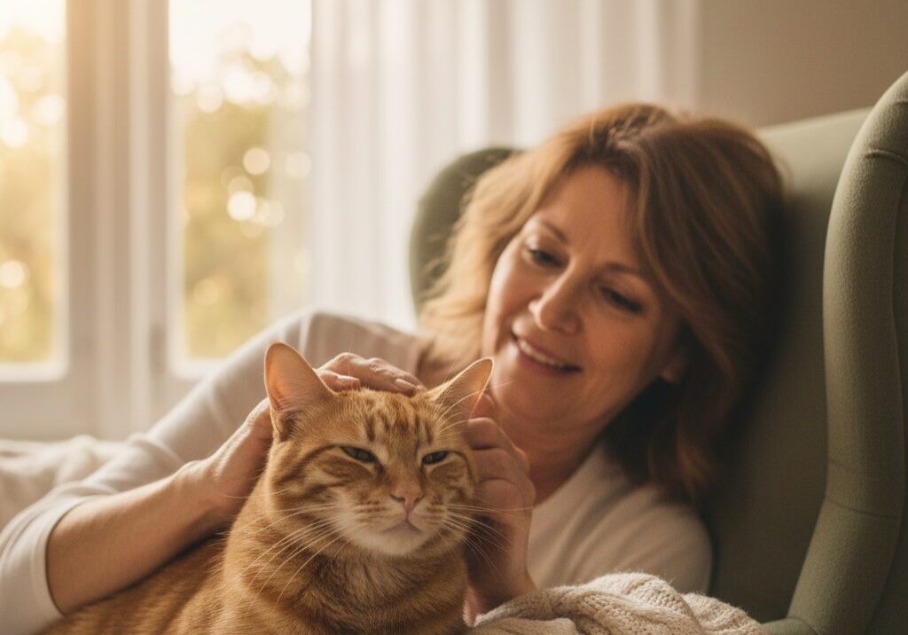 Woman petting a cat by window.