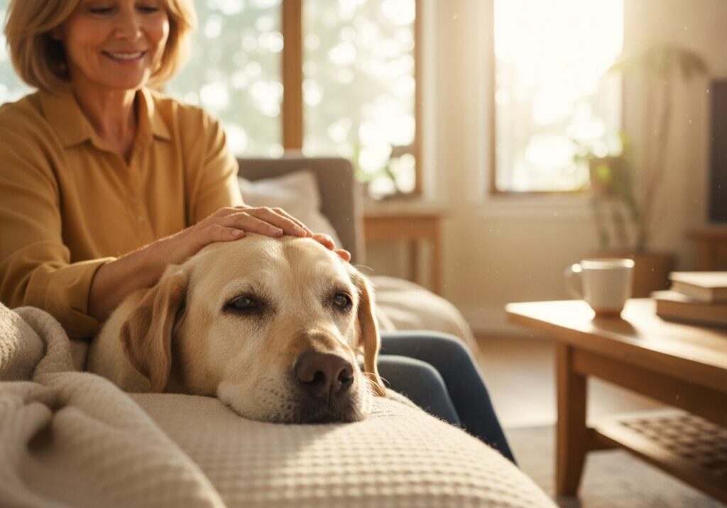 Woman petting dog on cozy sofa.