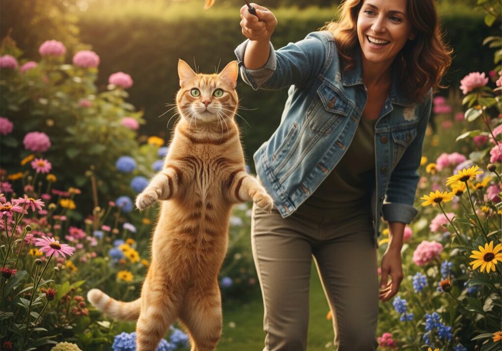 Woman playing with cat in garden.