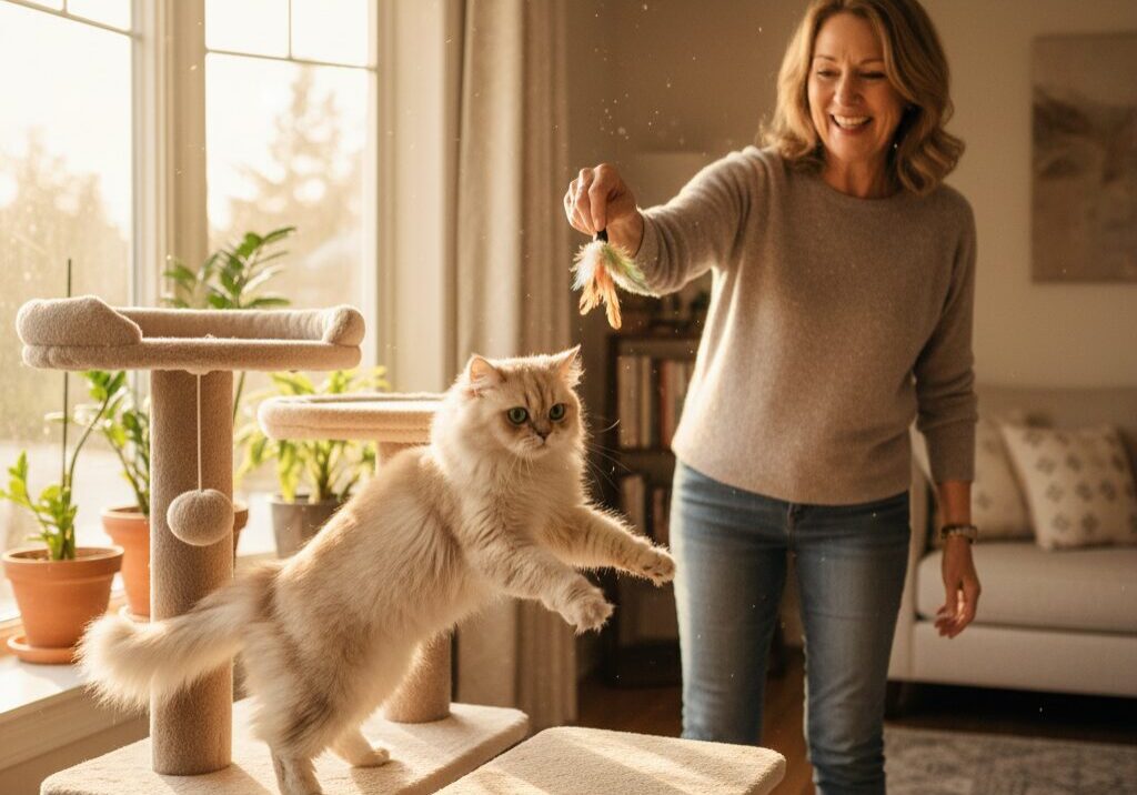 Woman playing with cat on scratching post.
