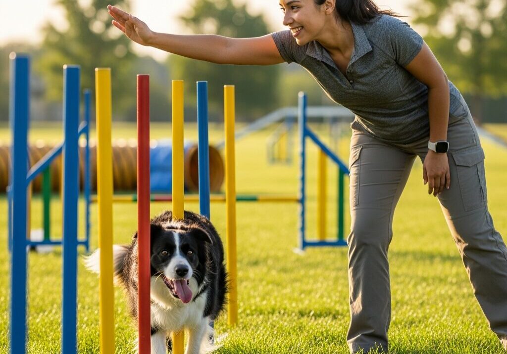 Dog agility training with a smiling trainer.