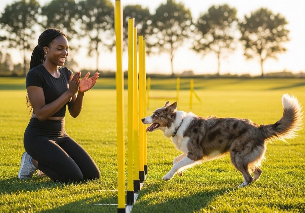 Woman training dog in agility course.