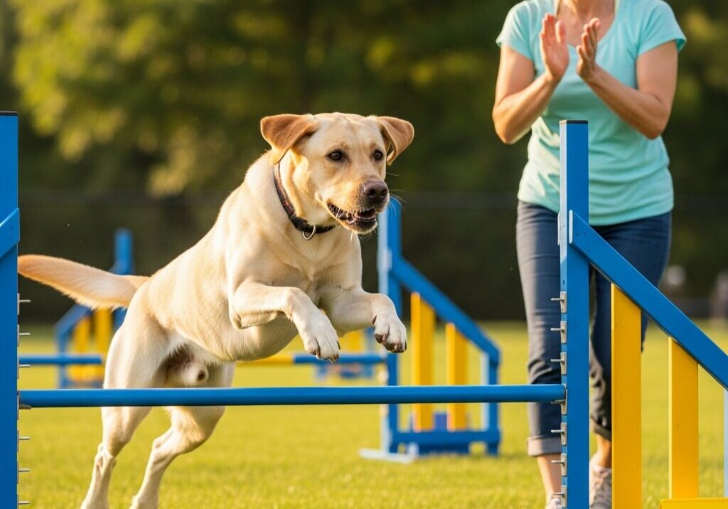 Dog jumps over agility hurdle, trainer claps.