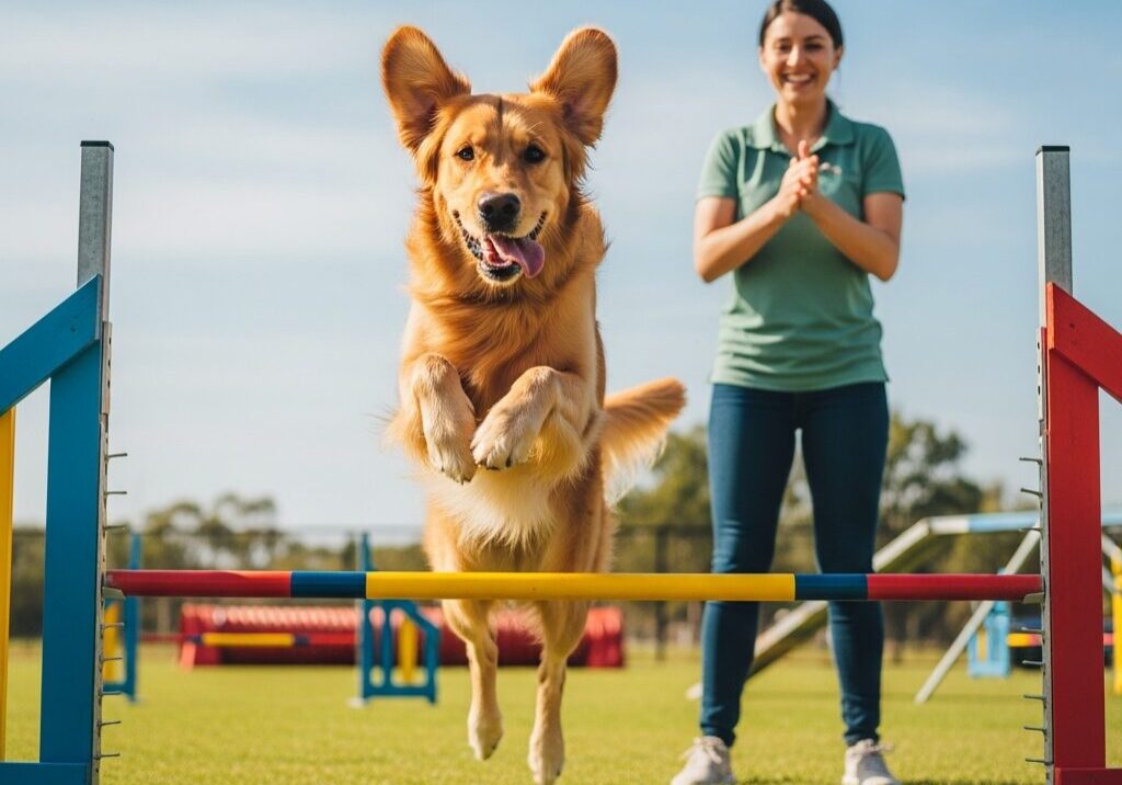 Dog jumping hurdle with trainer clapping.