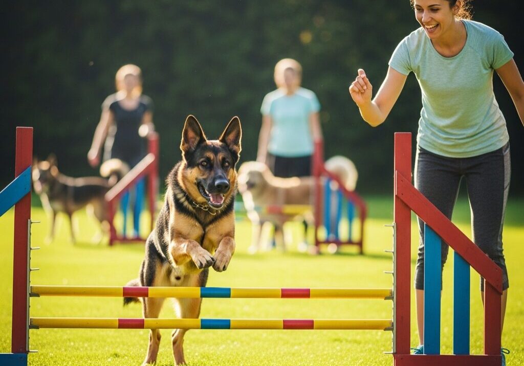 Dog jumping hurdle at training class.