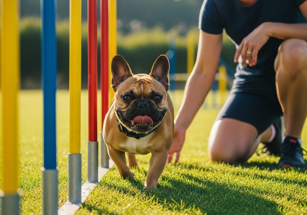 Dog and woman at agility course outdoors.