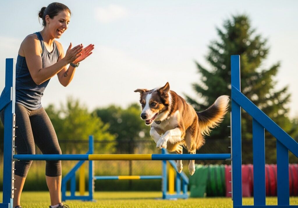 Dog jumping over agility hurdle outdoors.