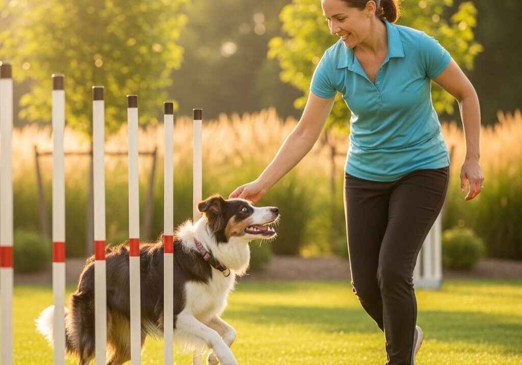 Woman training dog on agility course.