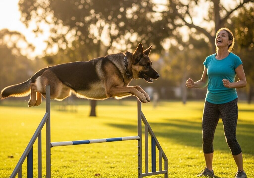 Dog jumping over hurdle in park.