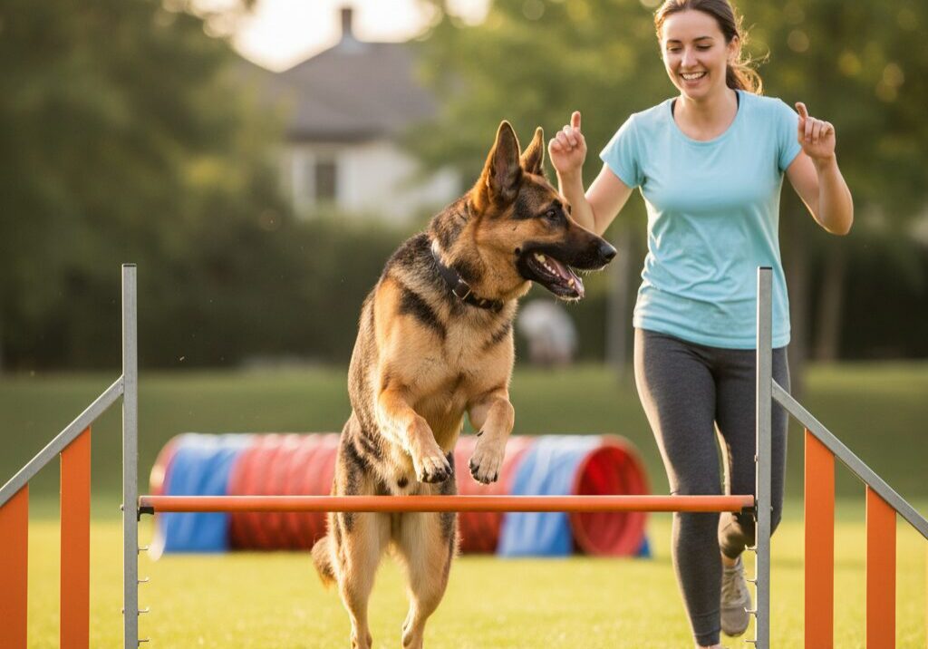 Dog and woman jumping over agility hurdle.