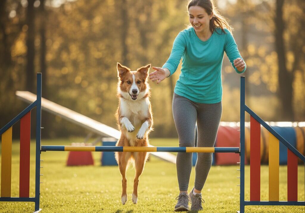 Dog and woman at agility course.