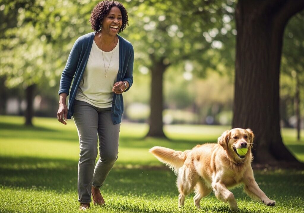 Woman playing fetch with dog in park.
