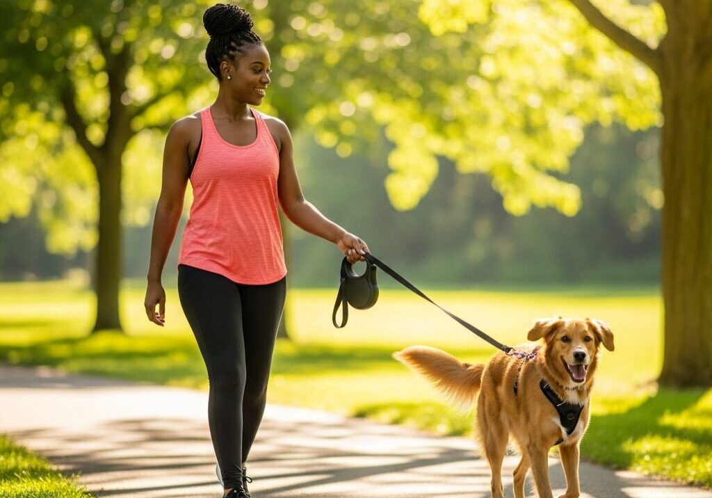 Woman walking dog in sunny park.
