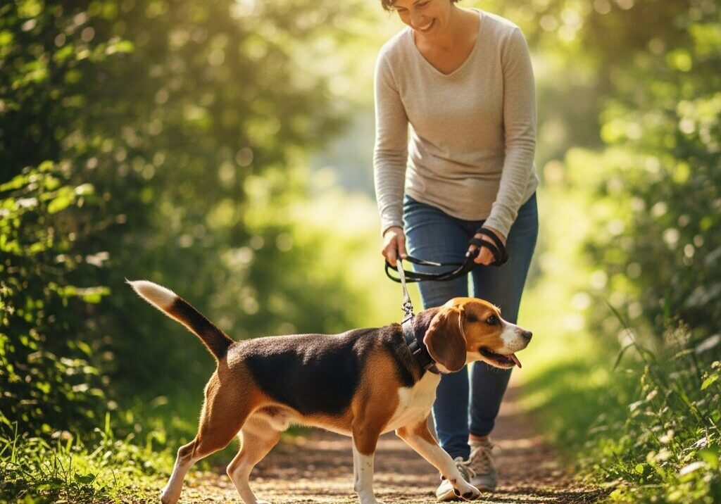 Woman walking a dog on a trail.