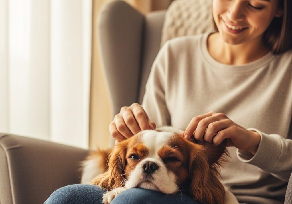 Woman smiling with dog on her lap.