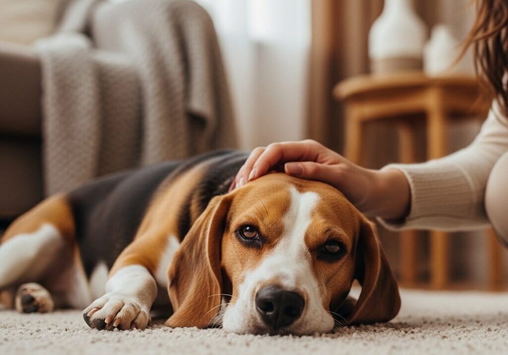 Beagle resting on carpet with human hand.