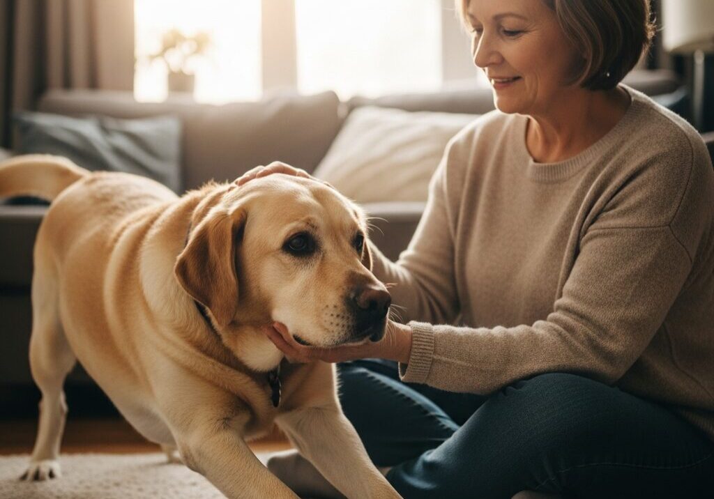 Woman playing with her dog indoors.