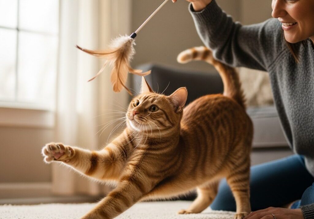 Woman playing with a cat using toy.
