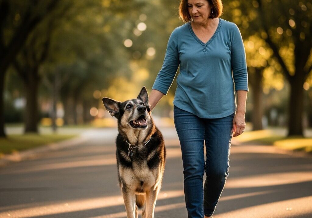 Woman walking dog on tree-lined street.