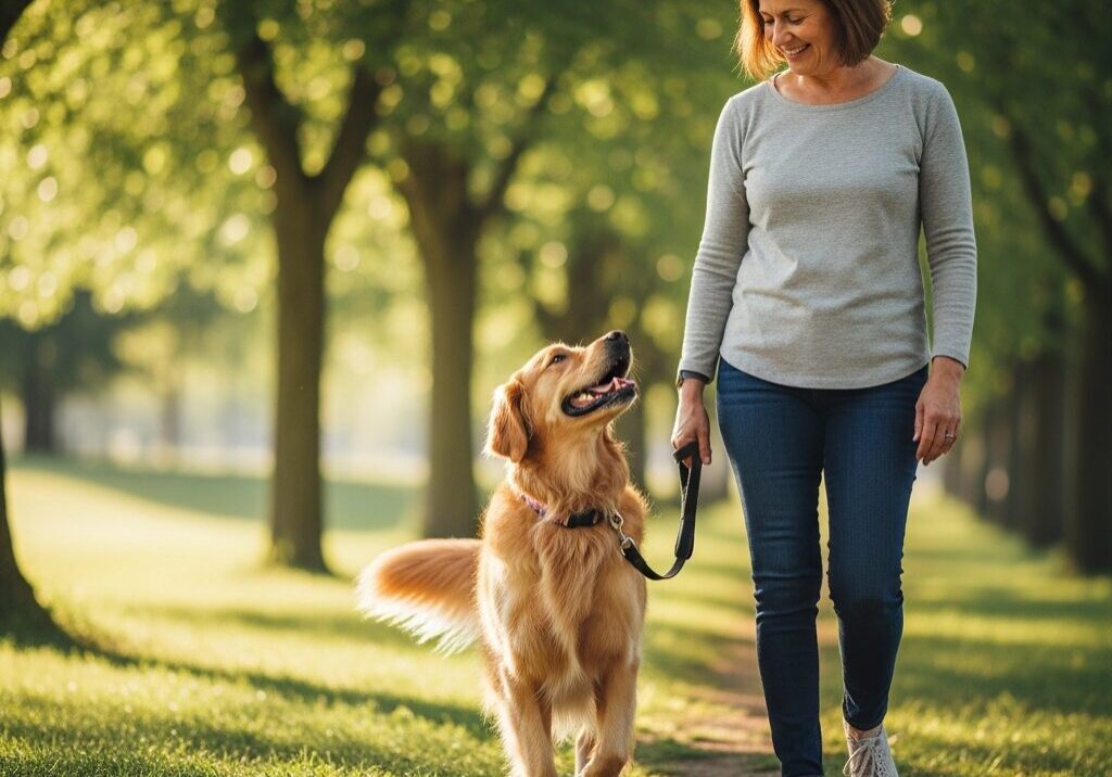 Woman walking dog on a sunny path.