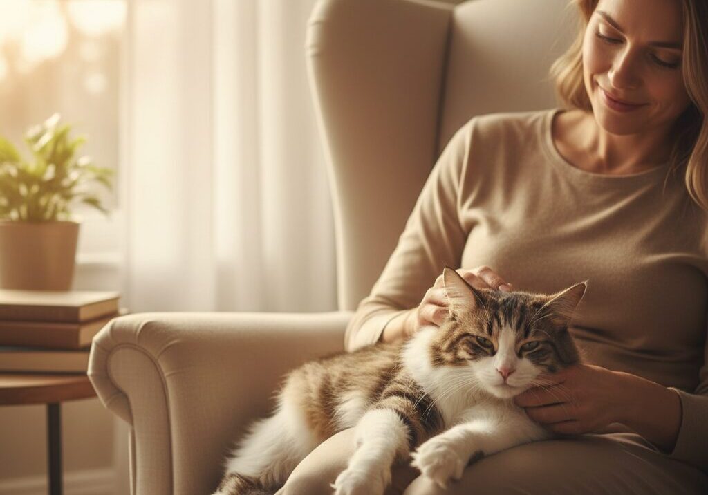 Woman smiling, cuddling cat on sofa.