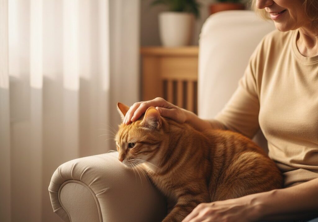 Woman petting an orange cat on sofa.