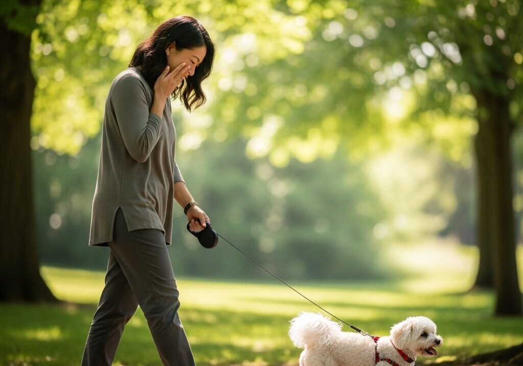 Woman walking dog in sunny park.