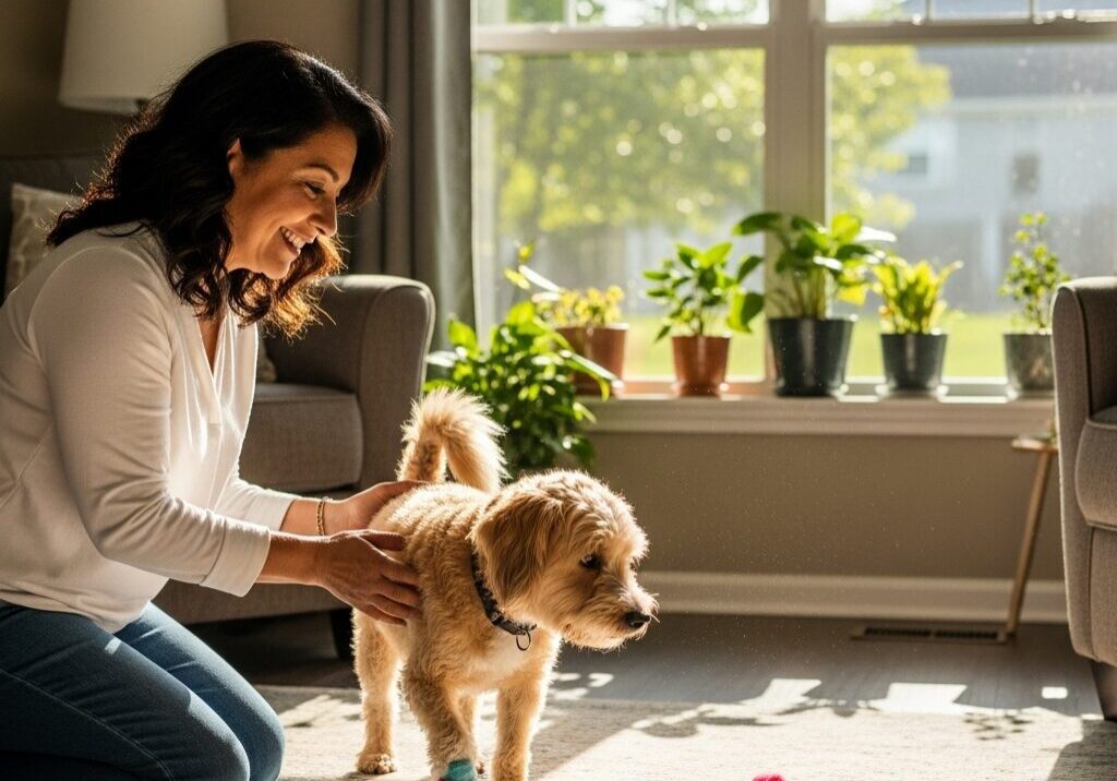 Woman playing with dog indoors, sunlight streaming.
