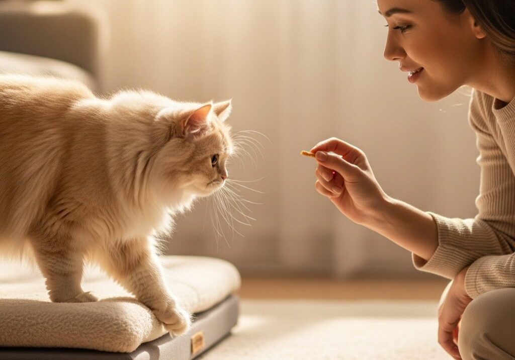 Woman giving treat to fluffy white cat.