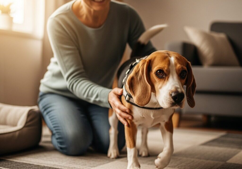 Woman petting a beagle in living room.