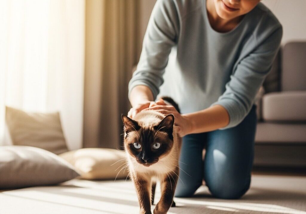 Woman petting a Siamese cat indoors.