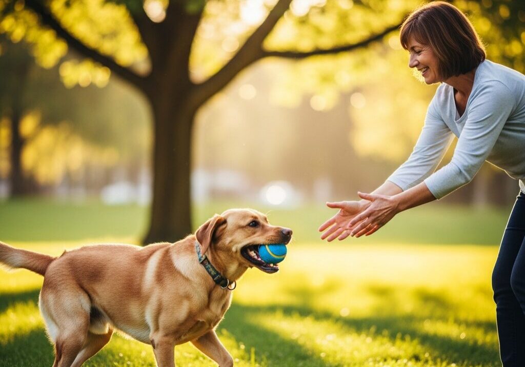 Woman playing fetch with dog in park.