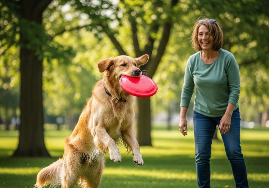Dog catching frisbee in park with woman.
