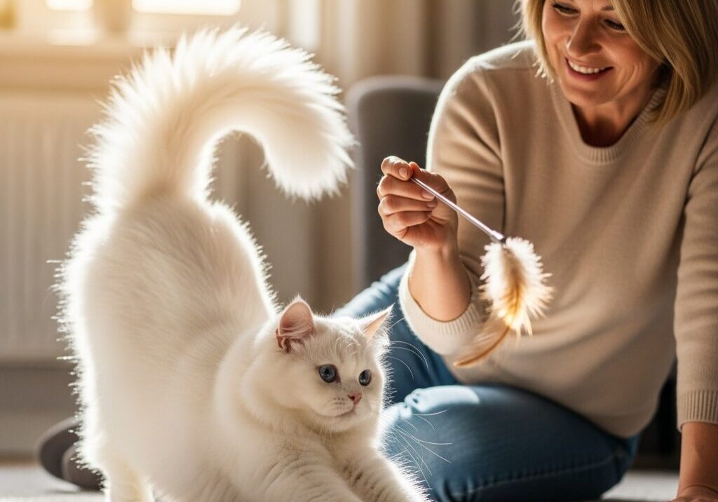Woman playing with fluffy white cat indoors.
