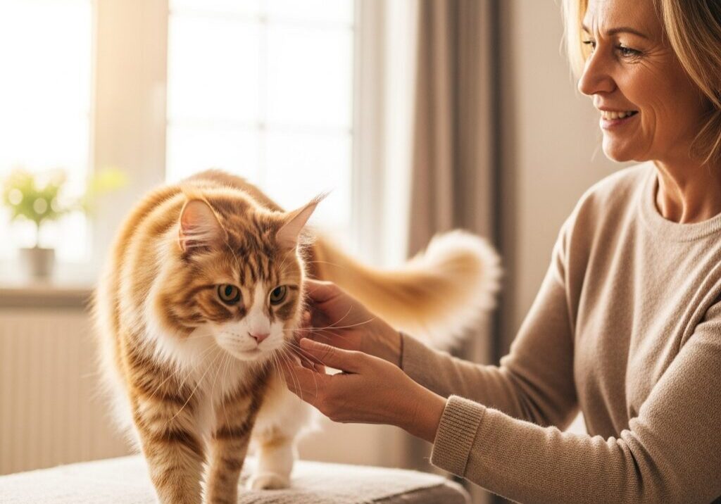 Woman petting a cat on the couch.
