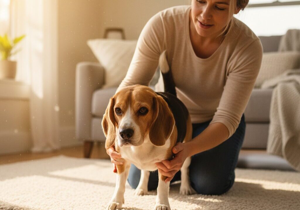 Woman petting a dog in sunny room.