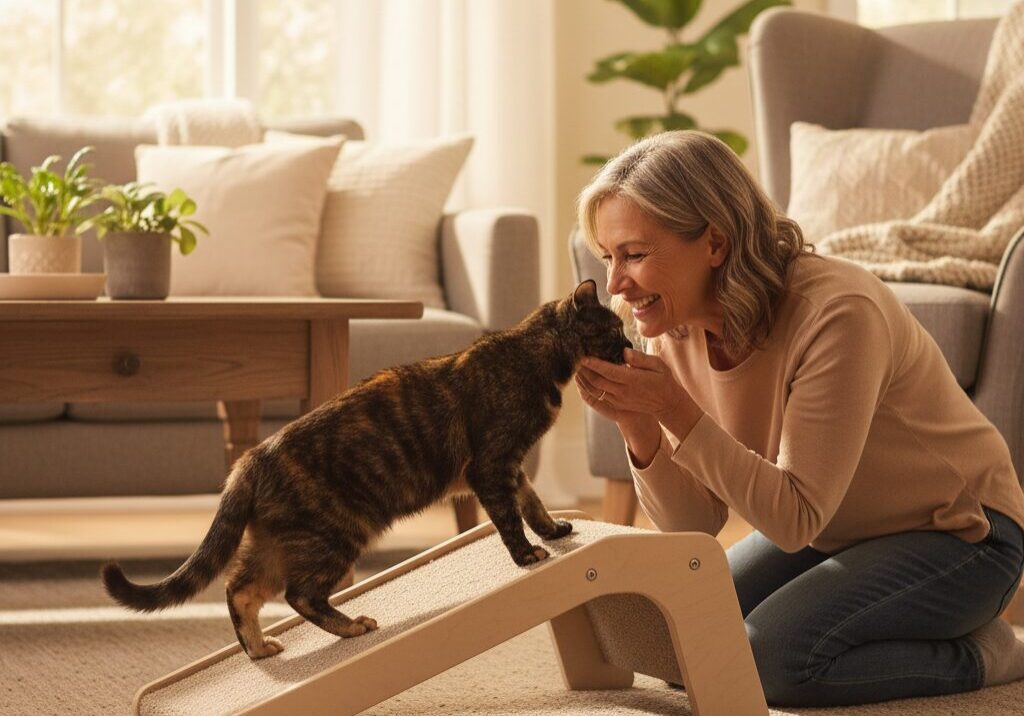 Woman smiling at cat on ramp indoors.