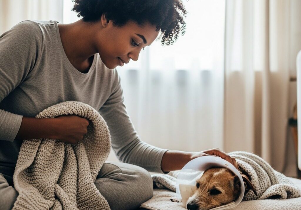 Woman comforting dog with protective cone.